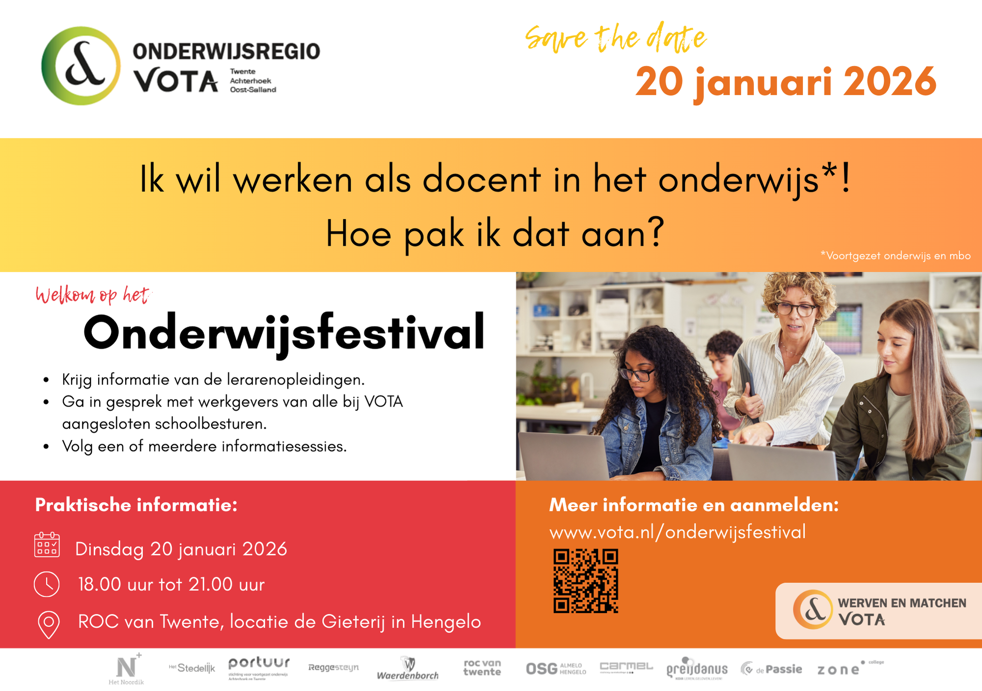 Meld je uitelijk woensdag 14 Januari aan via www.vota.nl/onderwijsfestival